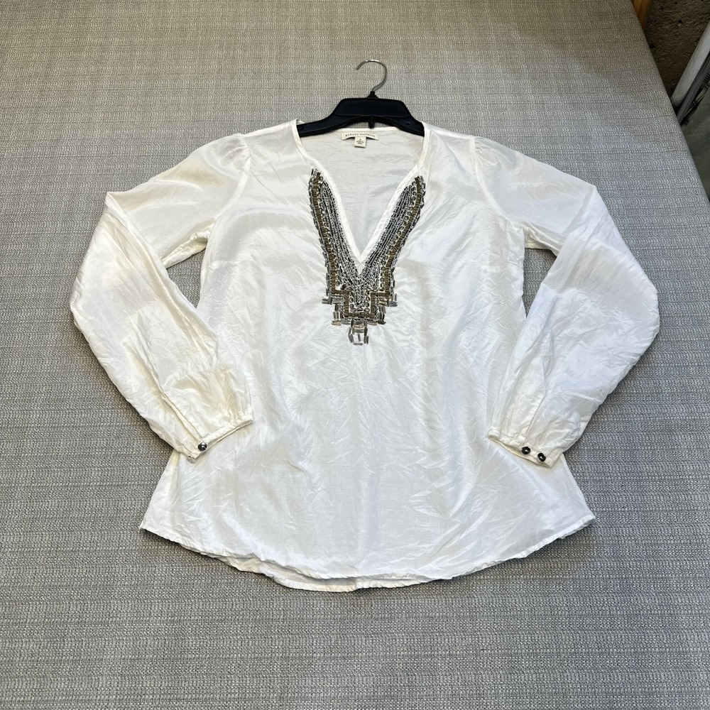 Banana Republic Shirt Womens Small Boho‎ White Silk Cotton Beaded Tunic Top